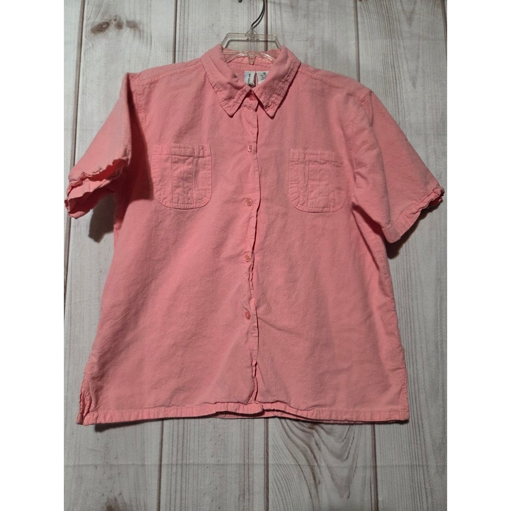 Studio Women Pink 100% Cotton Short Sleeve Button Down Pocket Shirt Size M